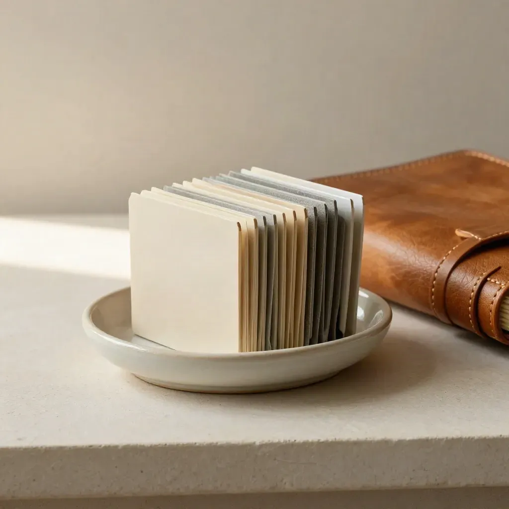 Leather notebook and tabbed dividers in a ceramic tray on a pale shelf.