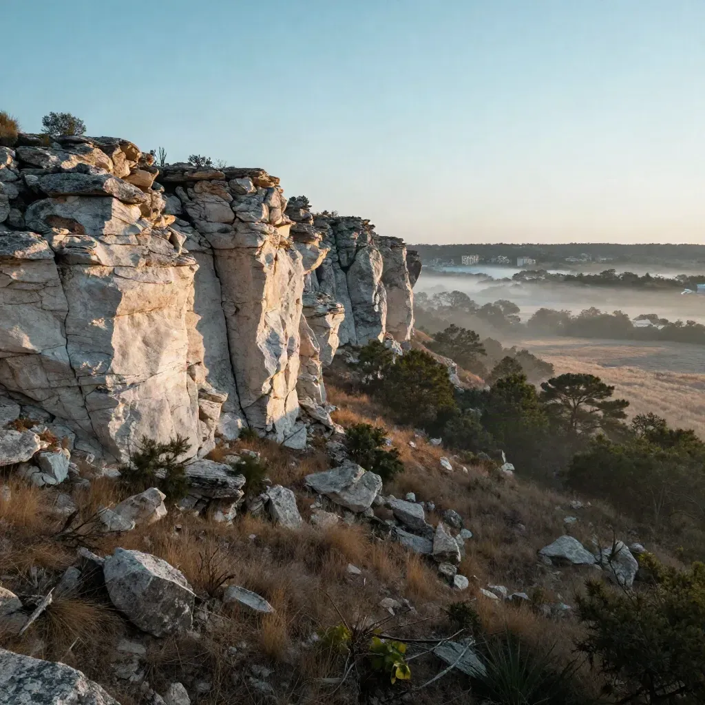 Round Rock limestone bluffs above a misty pasture and distant horizon at sunrise.