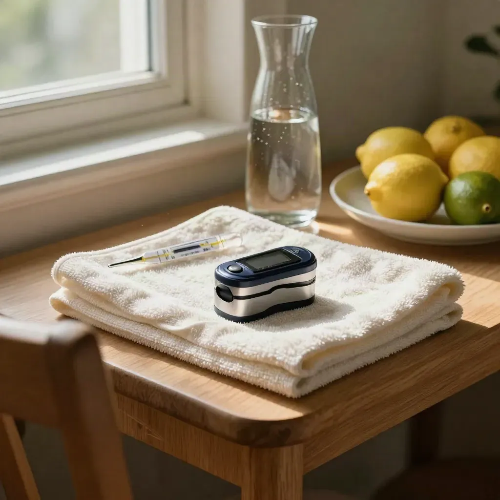 Pulse oximeter and wellness tools in a warm breakfast nook bathed in window light.