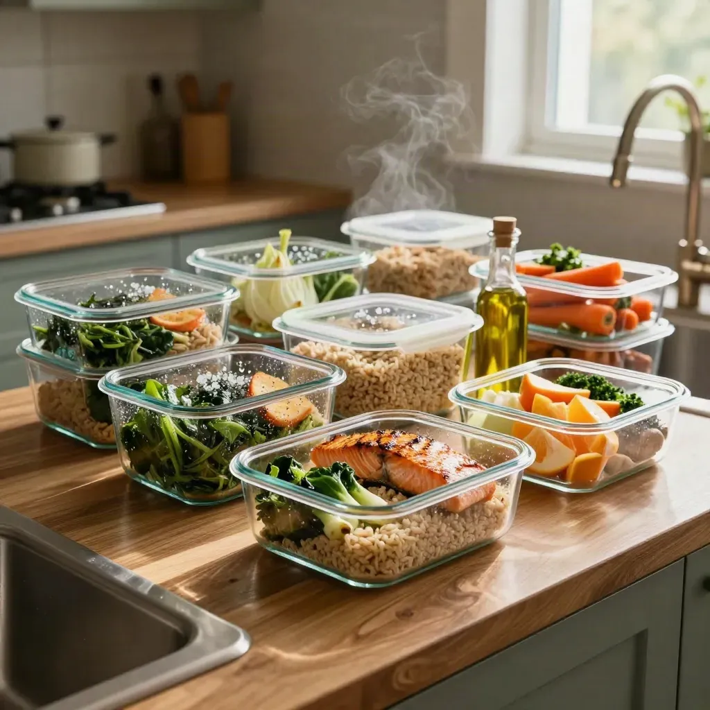 Meal-prep counter with glass containers of salmon, grains, greens, citrus, and produce in kitchen light.