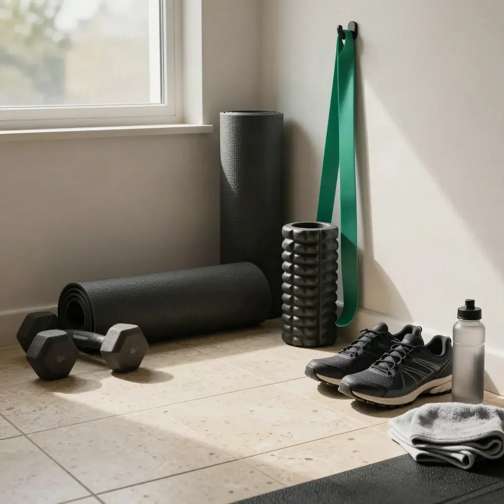Home workout corner with mat, dumbbells, bands, foam roller and walking shoes in soft light.