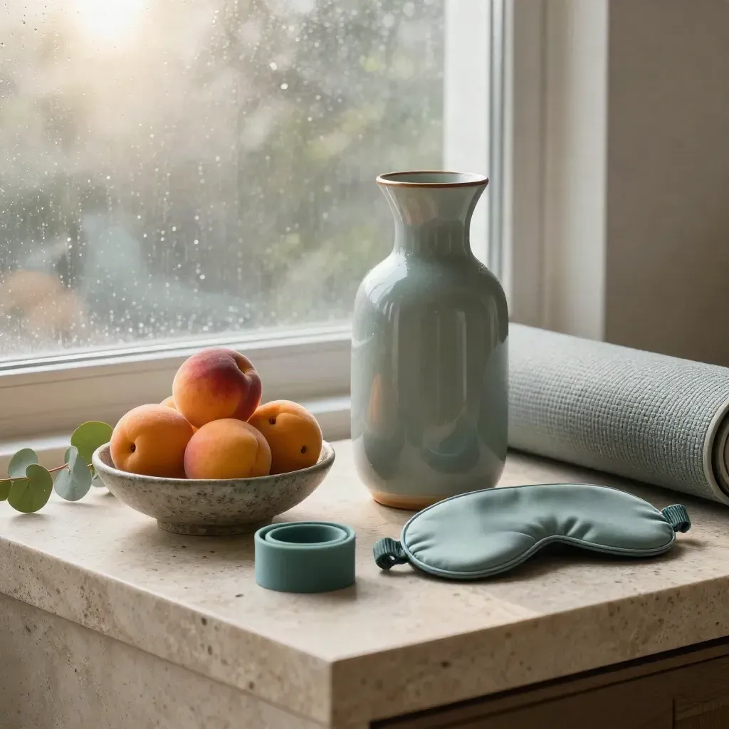 Wellness still life on limestone by a rain-speckled window with carafe, fruit, mat, band, mask, eucalyptus.