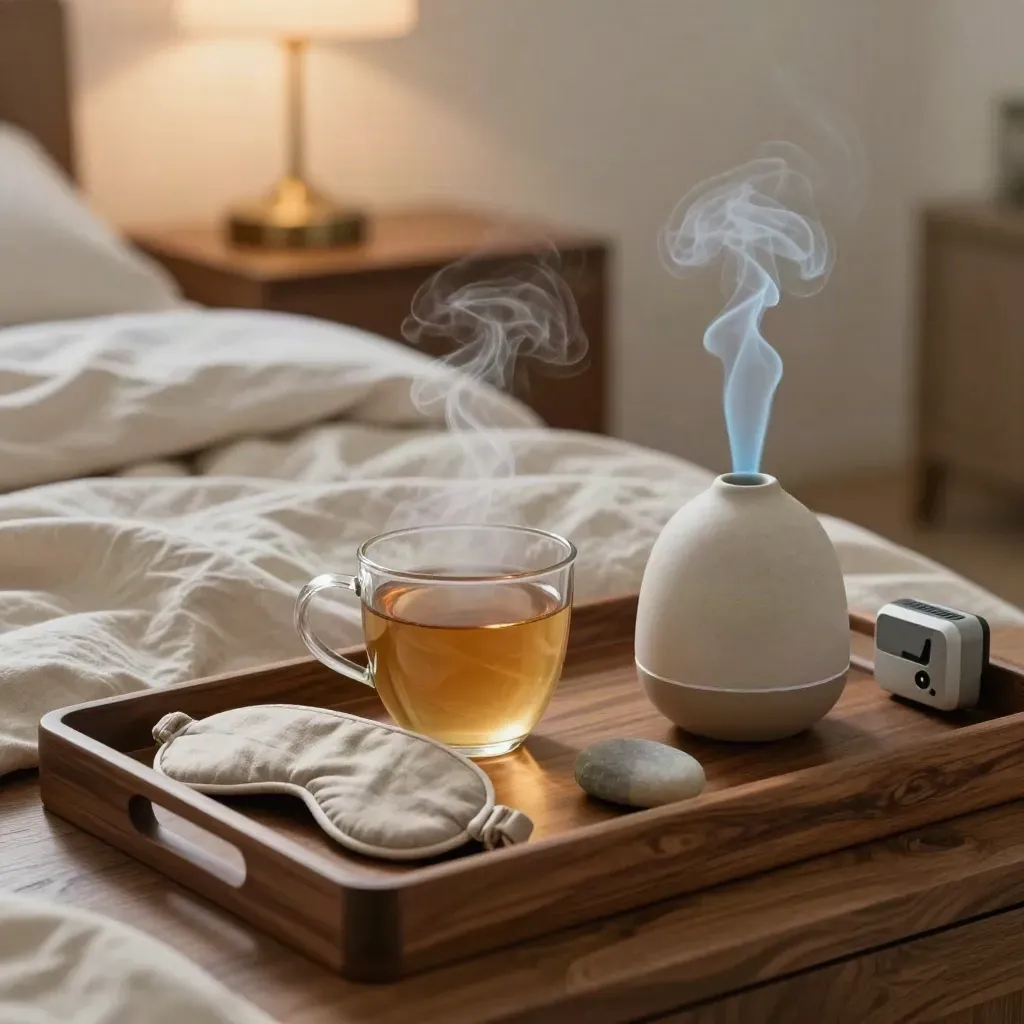 Bedside stress-reset tray with steaming tea, eye mask, diffuser, worry stone and timer.