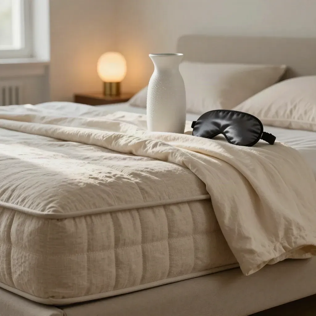 Macro of a linen bed, water carafe, eye mask, and lamp in a calm sleep-ready room.