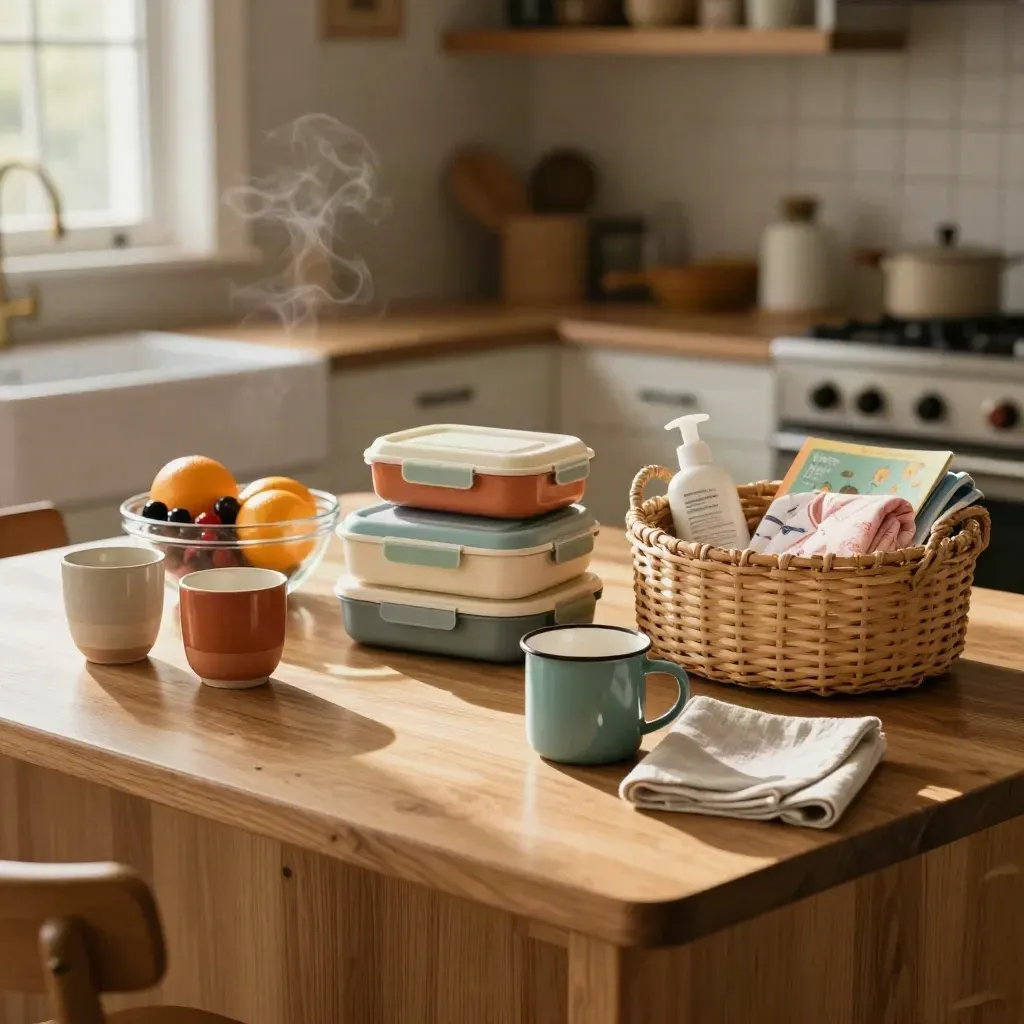 Kitchen island with kid cups, fruit, lunch boxes and a bedtime basket in warm late-afternoon light.