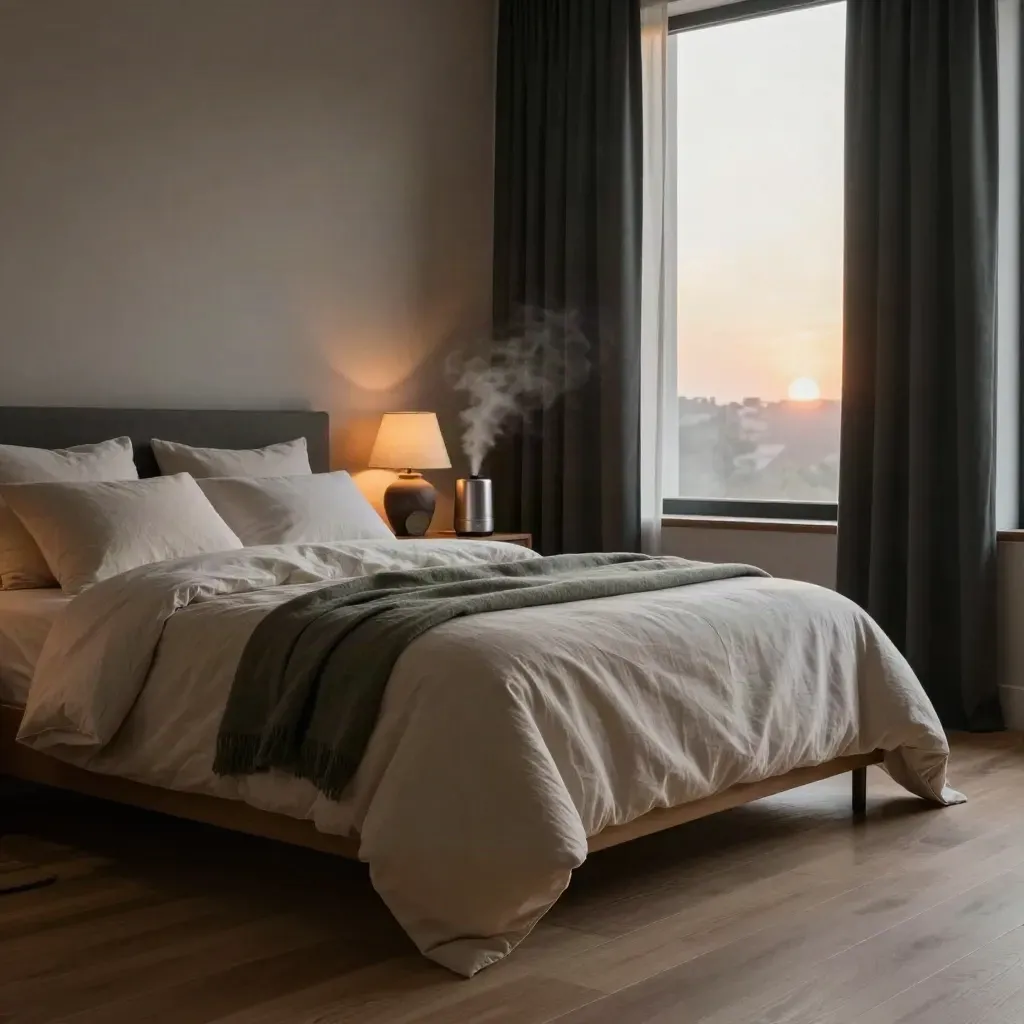 Dawn-lit parent bedroom with blackout curtains, humidifier mist, glowing sunrise alarm, and a neatly made bed.
