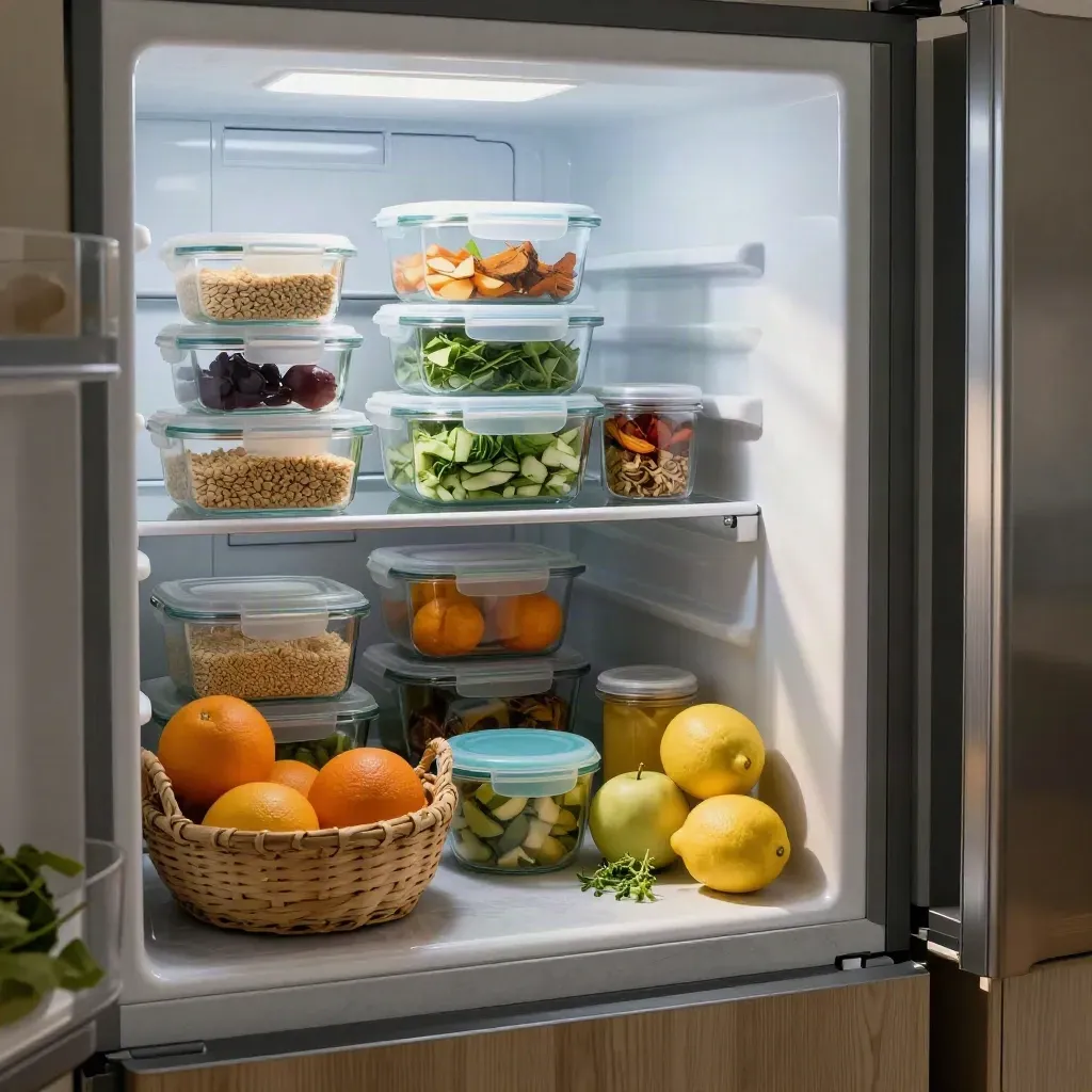 Open fridge with meal-prep containers, fruit and a grab-and-go basket on a stone counter.