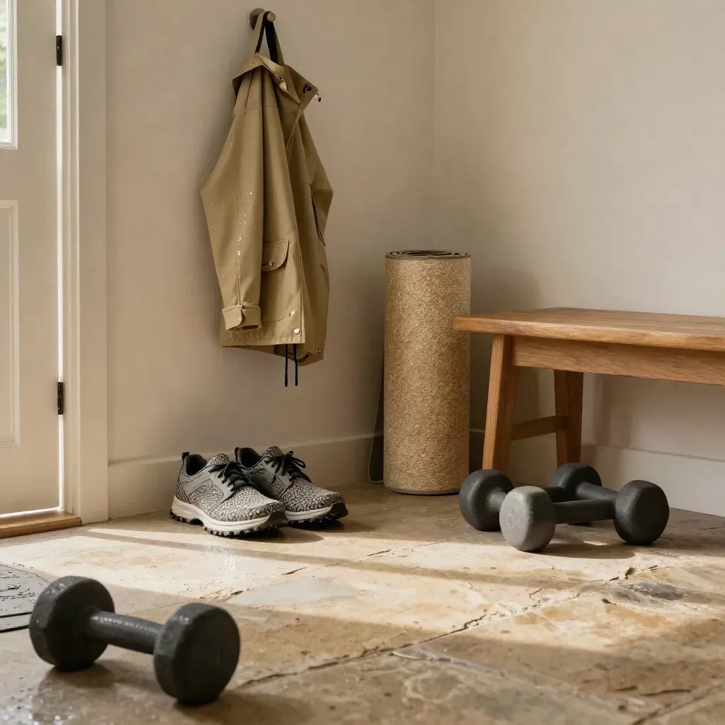 Entryway workout corner with shoes, mat, dumbbells and a rain shell by a bright window.