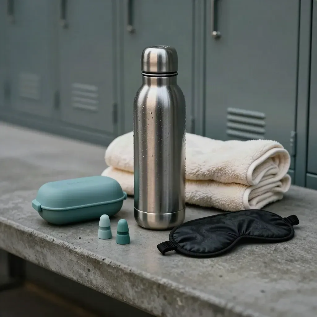 Condensation bottle, tea tin, earplugs case and eye mask on a concrete bench at dusk.