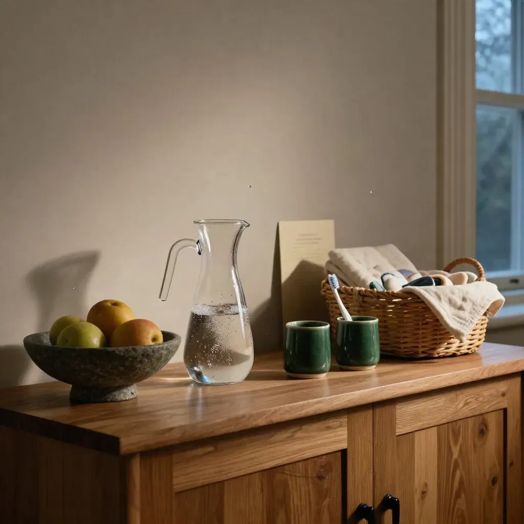 Evening wellness station with fruit, water, toothbrush cups, and bedtime basket