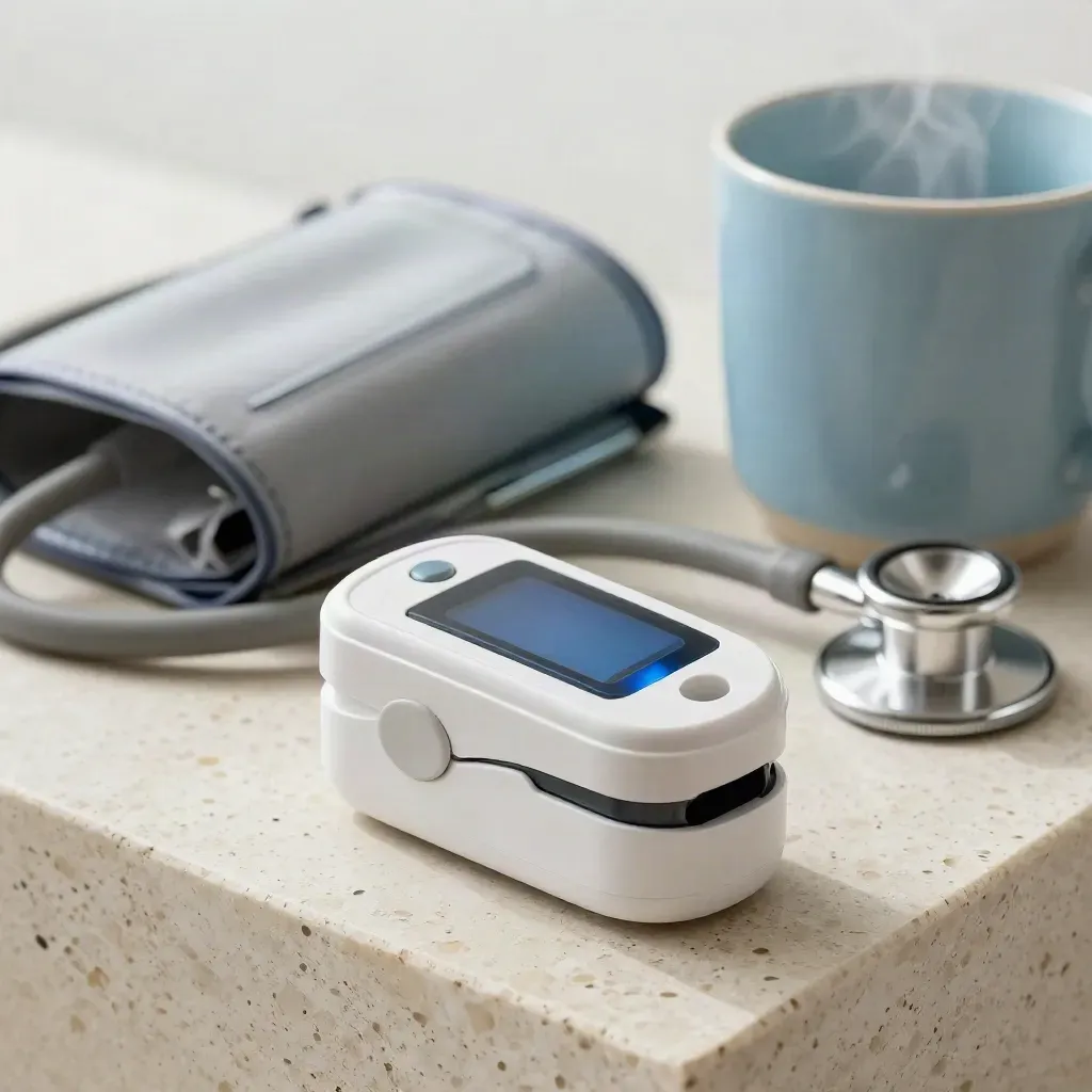 Macro wellness tools on travertine: oximeter, cuff, stethoscope, and blue ceramic mug.