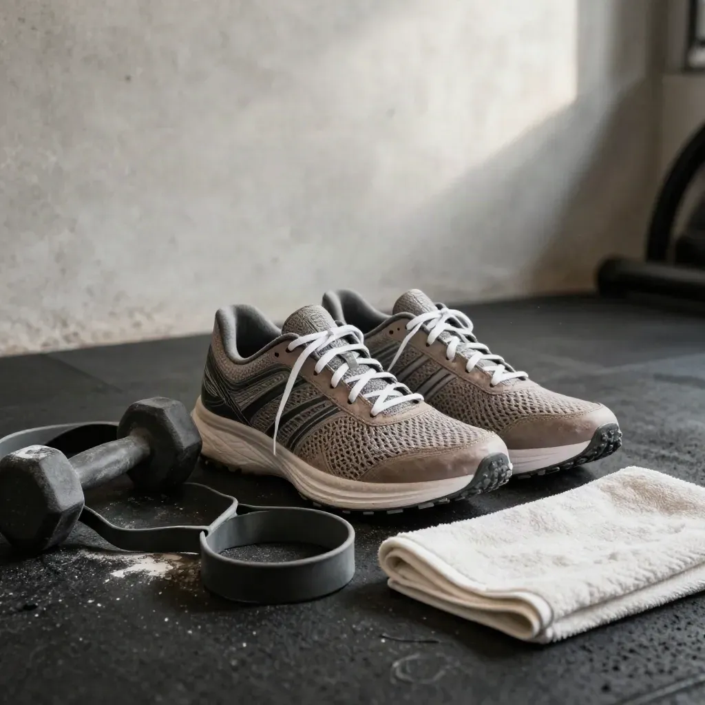 Running shoes, resistance bands, chalked dumbbell and towel on a gym mat.