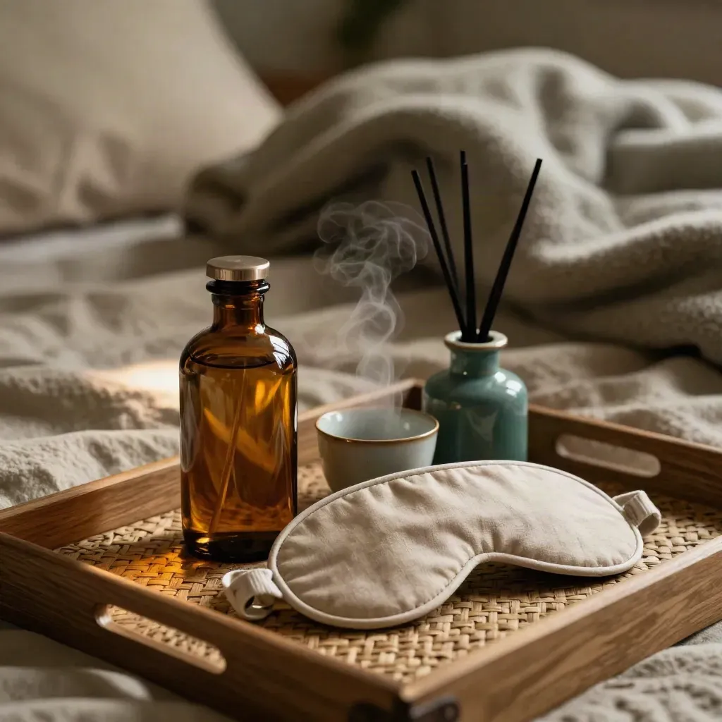 Amber oil bottle, linen eye mask, steamed cup, diffuser and wool blanket on a bedside tray