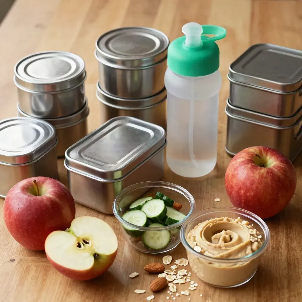 Meal-prep tins, apple, water bottle and snack cups on butcher block, shot from above