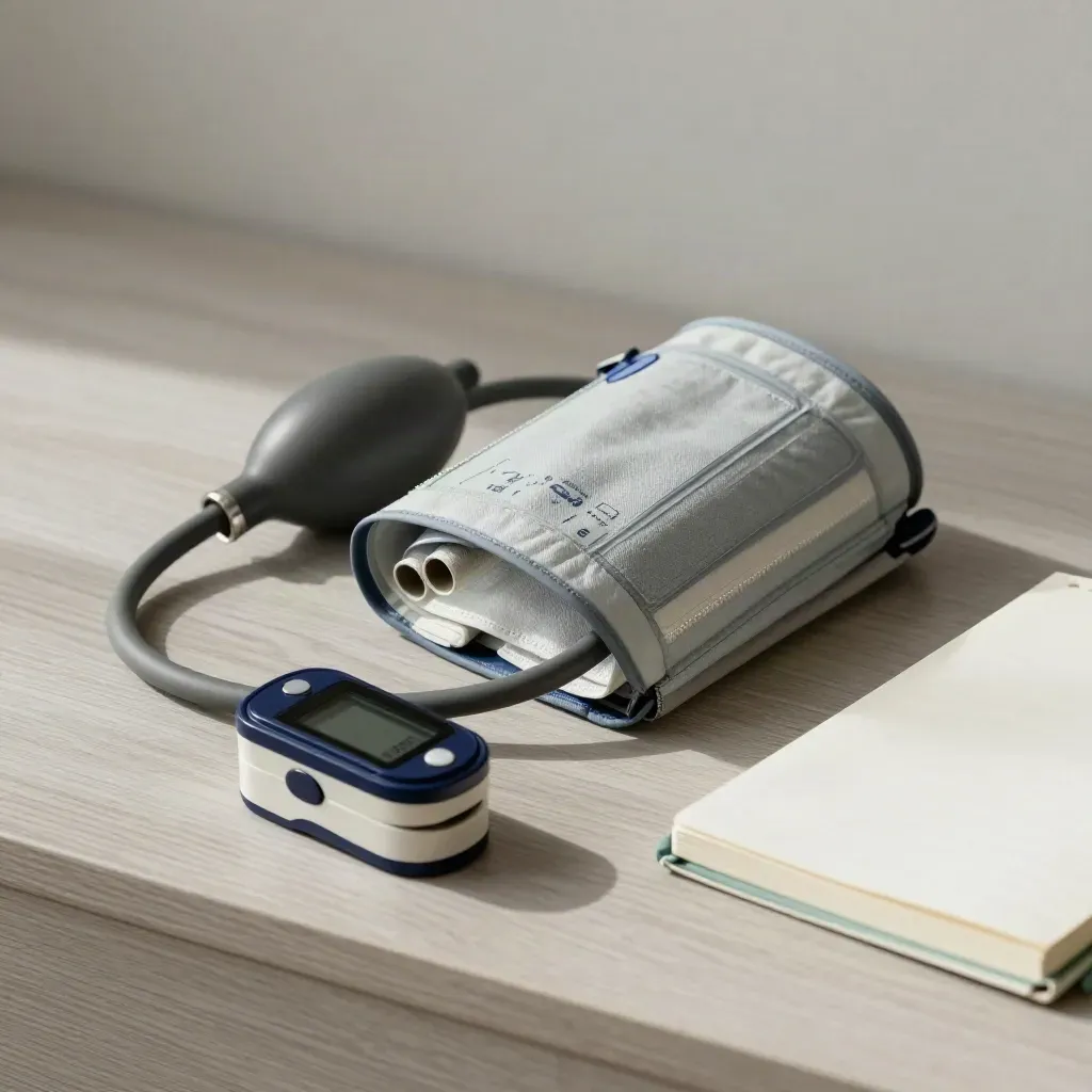 Blood pressure cuff, pulse oximeter and notebook on pale wood with soft side light.