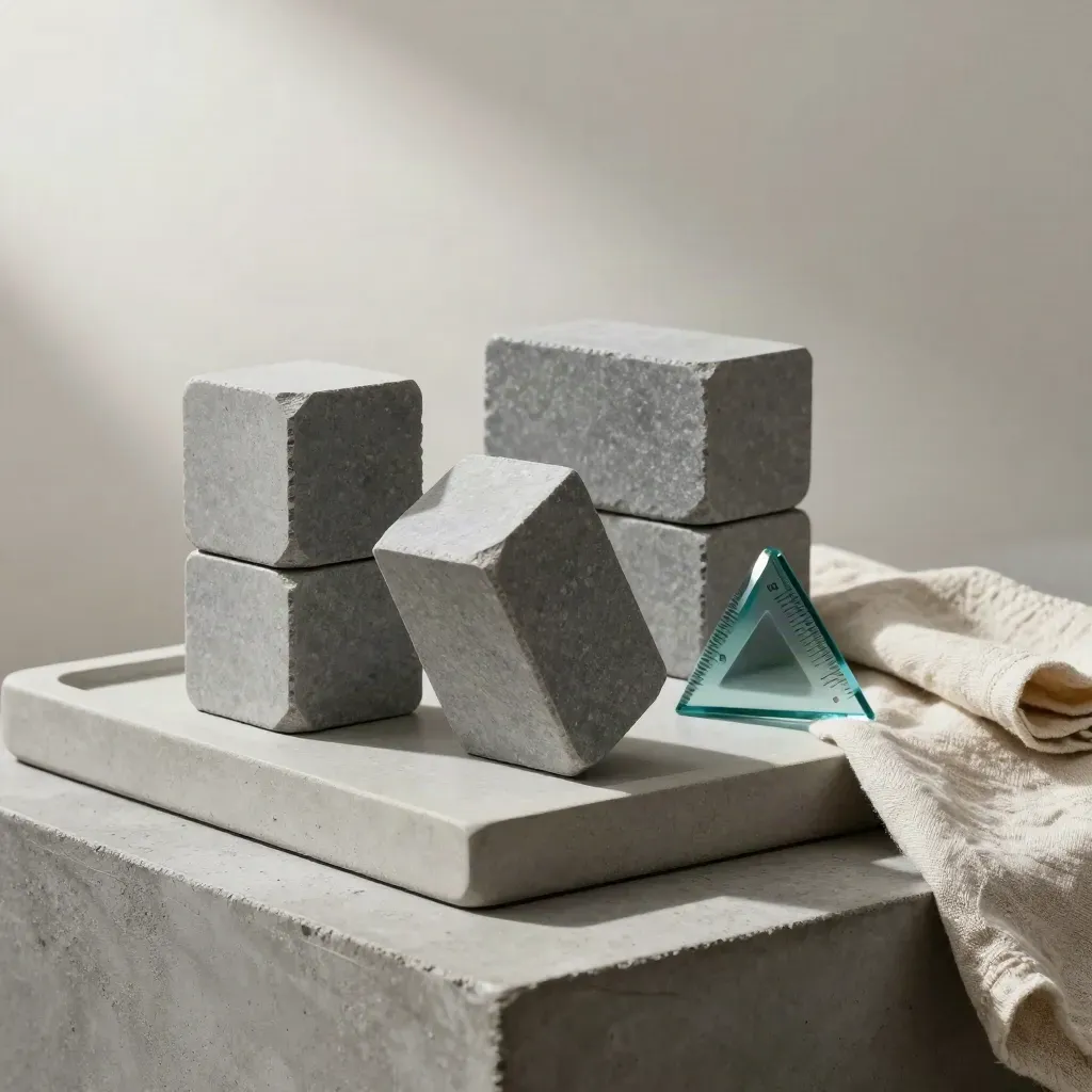 Stone blocks and a teal wedge on concrete beside folded linen, styled wellness still life