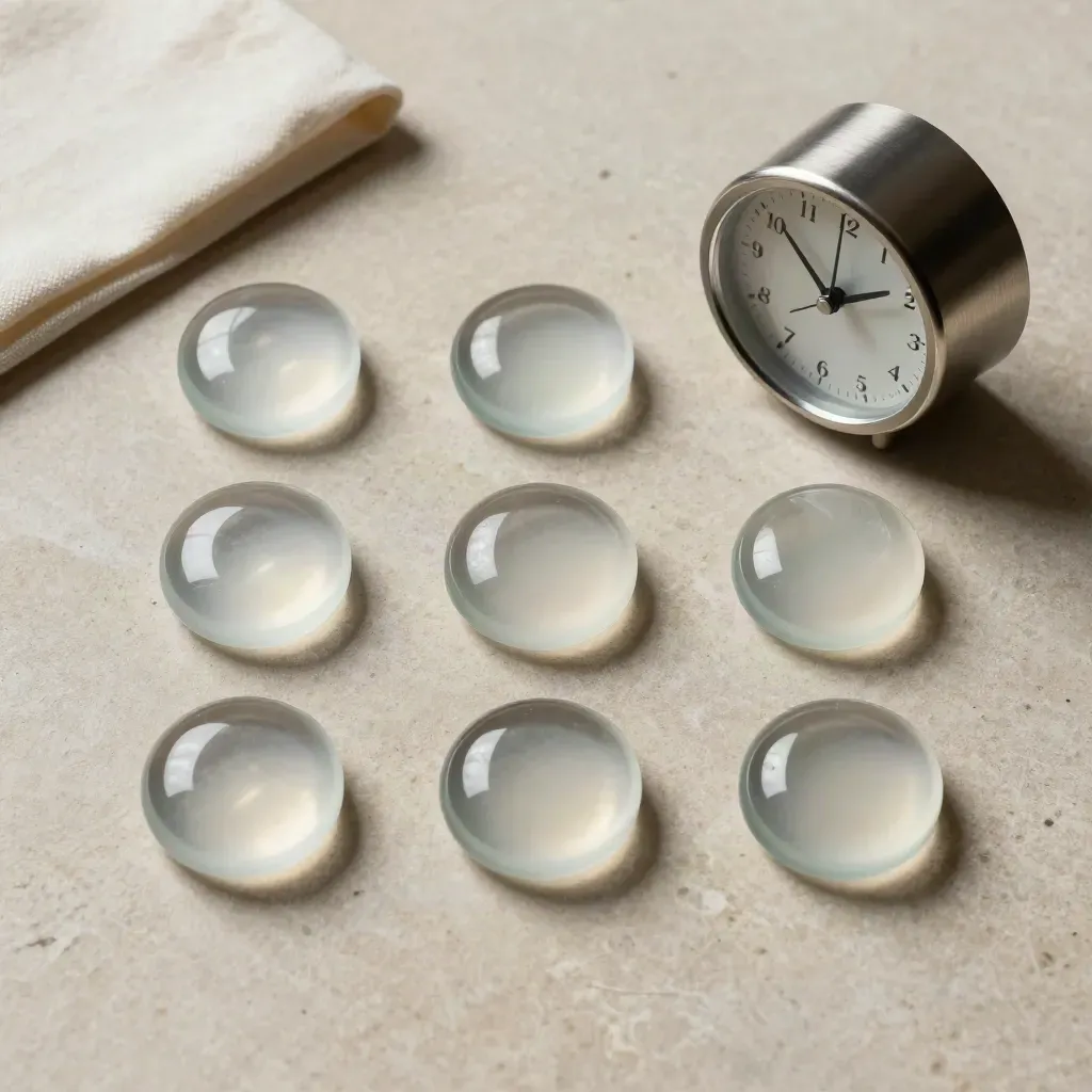 Seven glass tokens in a weekly grid beside a compact timer on pale stone.