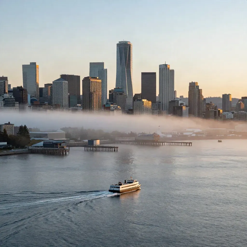 Seattle skyline over Elliott Bay in sunrise haze with ferry wakes and calm open water