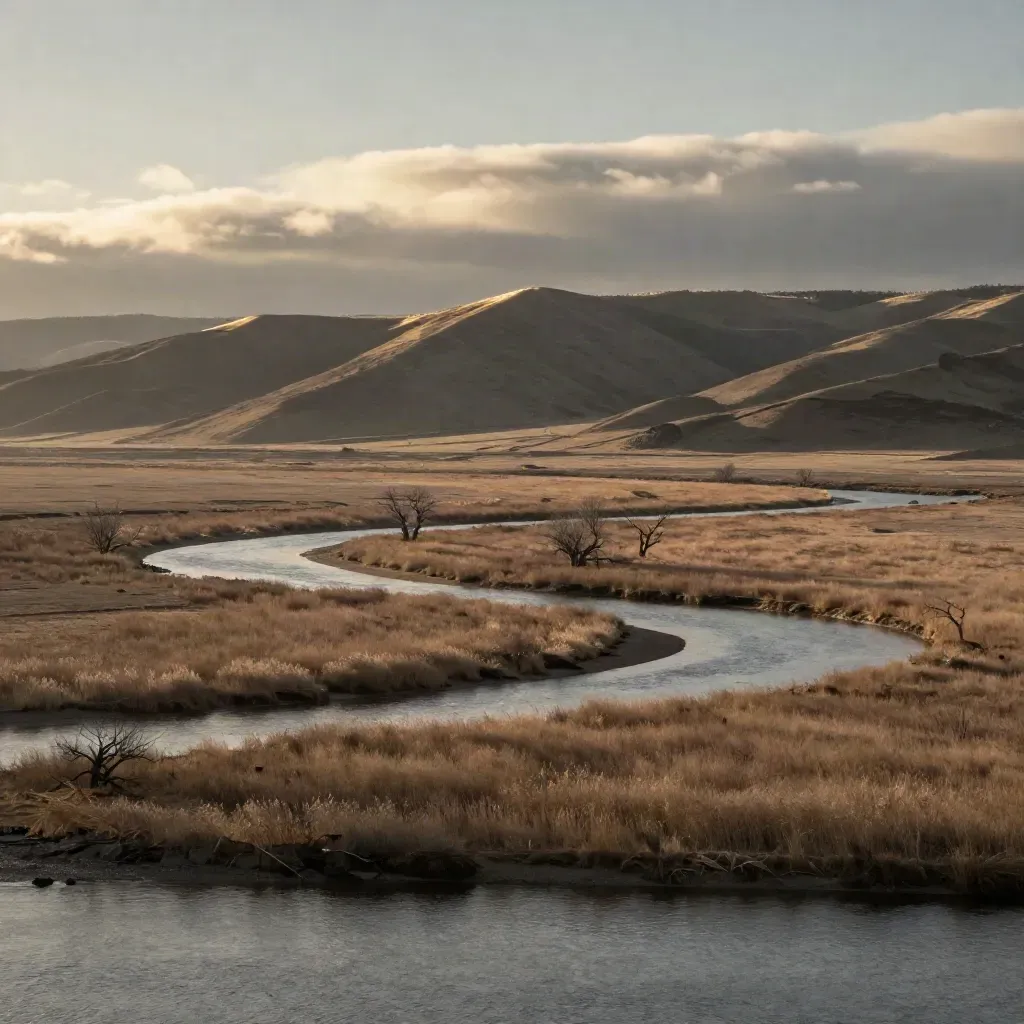 Golden valley flats, river bends, low hills, and layered clouds in South King County.