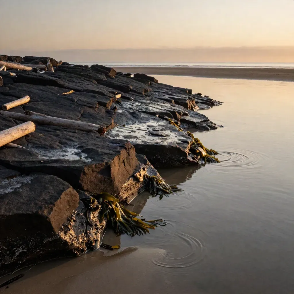 Amber-lit North Sound shoreline with basalt, driftwood, tide flats, and calm reflective water.